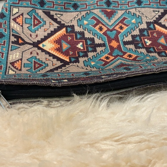 Made in India Large Turquoise / Tan Canvas Textile Patterned Bohemian Tote Bag - Picture 4 of 6